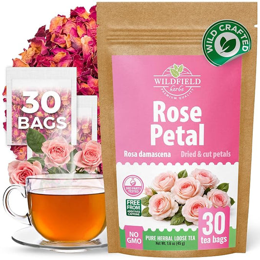 30 Bags Rose Petal Buds Herbal Tea (Rosa Damascena) - 30 Count 1g Bags Dried Rose Herb Té De Rosa