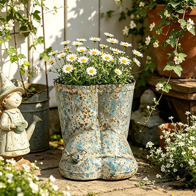 Vintage Galvanized Metal Rain Boot Planter with Bird Accent, Rustic Farmhouse Boot-Shaped Flower Pot, Decorative Indoor Outdoor Planter for Succulents, Herbs, Garden & Porch Decor