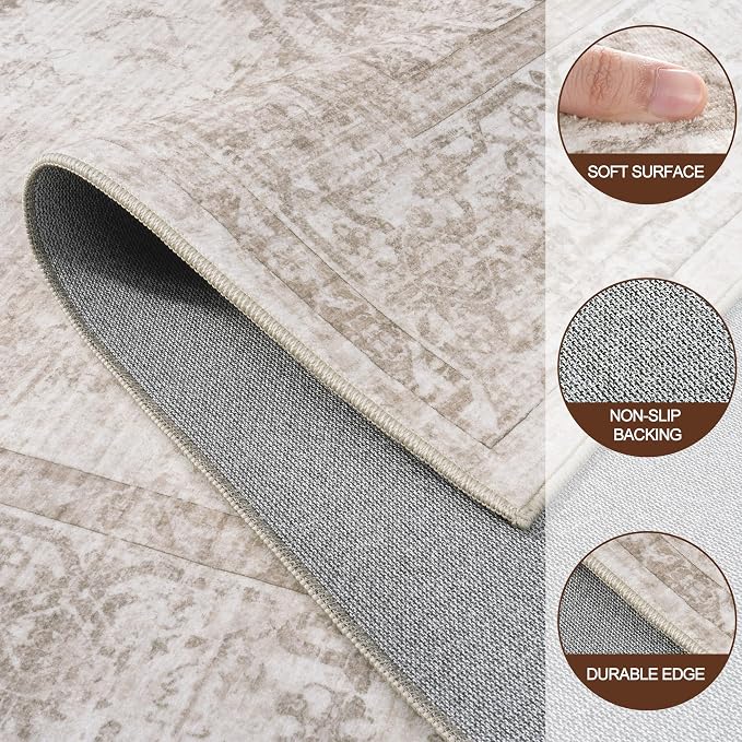Area Rug 6x9 Living Room Rug Washable Beige Brown Non-Slip Rugs | Vintage Medallion Rug，Soft Low Pile Large Rugs，Indoor Retro Carpet for Bedroom Nursery Dining Table Farmhouse Home Office