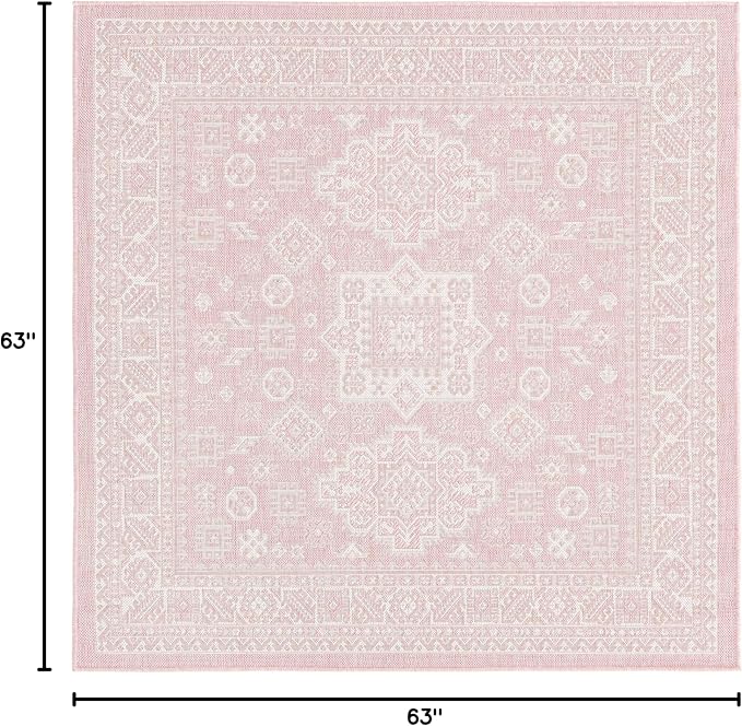 Unique Loom Outdoor Aztec Collection Area Rug - Chalca (5' 3" Square, Pink/ Ivory)