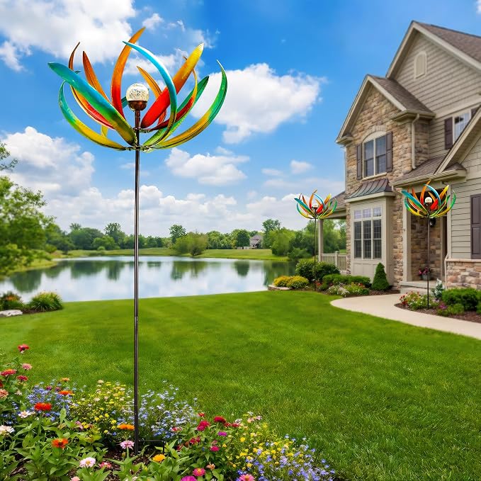 83" Large Solar Wind Spinner Outdoor - Metal Tulip Flower Sculpture with Multi-Color LED Glass Ball - Waterproof Kinetic Yard Art for Garden Lawn Patio, Mother’s Day Birthday Gardening Gifts