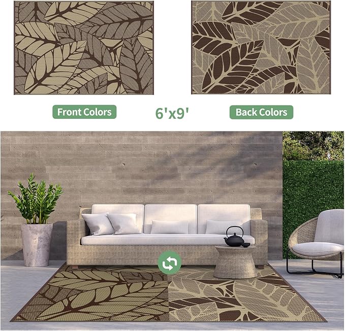 GENIMO Outdoor Rug 6' x 9' Waterproof for Patio Clearance, Reversible Plastic Straw Camping Carpet, Lightweight Mat for Rv, Camper, Deck, Porch, Picnic, Balcony, Beach,Dark Coffee & Beige
