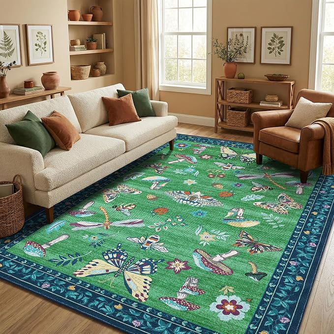 ROYHOME Mushroom Insect 3x5 Area Rug for Nursery Bedroom Blue Green | Playroom Entryway Doormat Washable Bug Moth Cute Funky Cottage Core Whimsical Boy Rugs Low-Pile Non-Slip TPE Backing