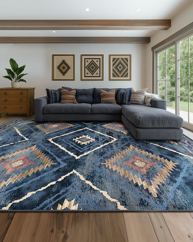 9'x12' Washable Area Rug for Living Room Bedroom Darkblue | Soft Western No Slip Low Pile Print Foldable Indoor for Kitchen Dining Room