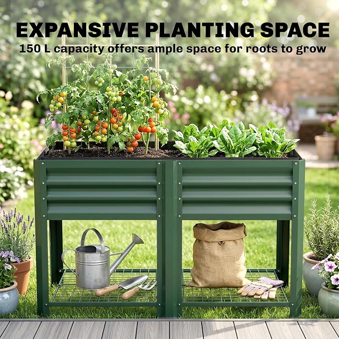 Outsunny Galvanized Steel Raised Garden Bed with Storage Shelf and Bed Liner, Elevated Planter Box with Legs for Flowers, Vegetables, and Herbs, for Outdoor Patio Yard, Glove Included, Green