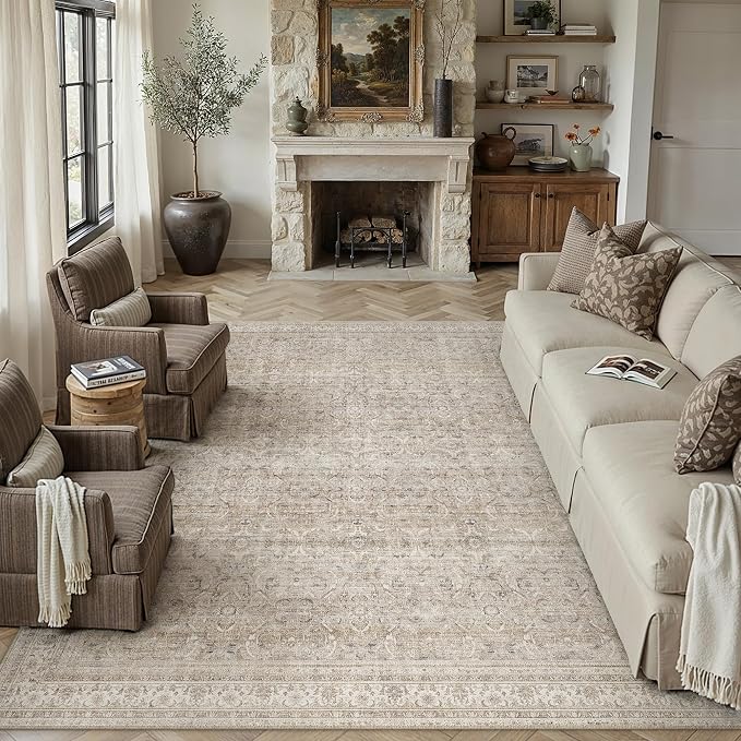8x10 Beige Vintage Distressed Washable Area Rug for Living Room | Low Pile, Non Slip, Retro Style, Soft Distressed Large Area Rug for Living Room, Bedroom, Dining Room, Office, Home Decor