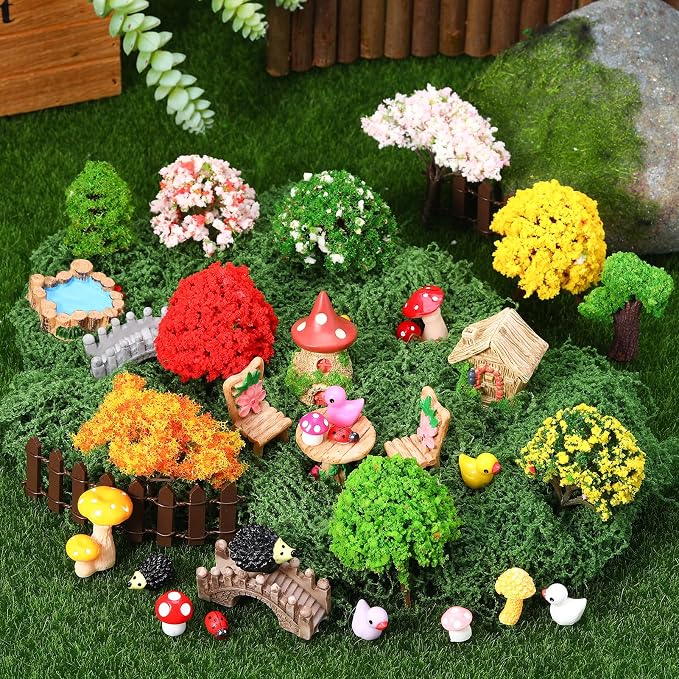 68 Pcs Fairy Garden Accessories Mini Resin Animals Figures | Miniature Ducks Mushroom Ladybug Table and Chairs Bridge Pond Fence Moss Bonsai Landscape Ornaments Kit for Garden DIY Craft
