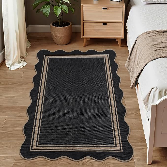 Scalloped Easy Jute 3x5 Outdoor Rug Washable Non Slip Rug for Entryway Indoor Outdoor Farmhouse Neutral Scalloped Carpet for Backyard Patio Proch Living Room
