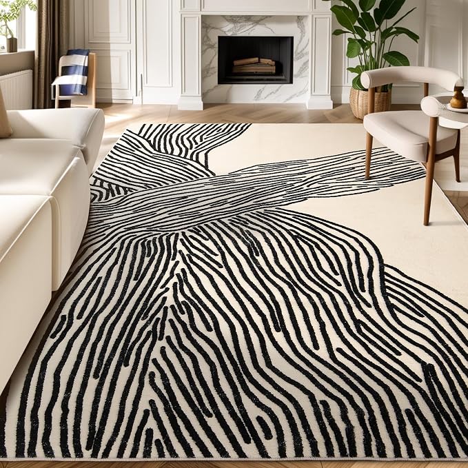 10x14 Extra Large Washable Area Rug, Black and Cream White Abstract Rug | Extra Large 10x14 Modern Abstract Rug, Soft Faux Wool Low Pile with Non-slip Backing; for Living Room, Dining Room, Bedroom