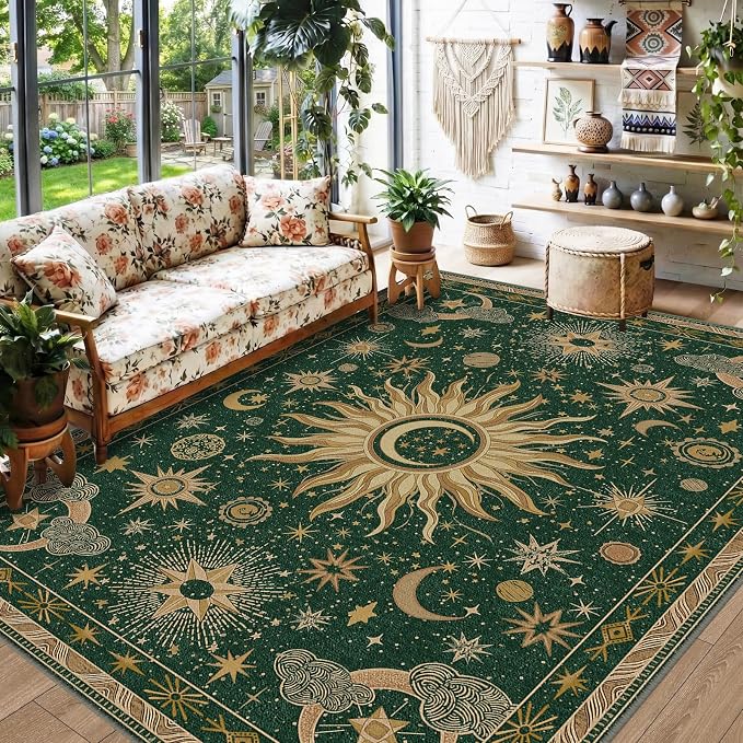 Vacuum-Friendly, 6x9 Washable Area Rug, Green Gold Yellow | Sun and Moon Boho Gothic Non-Slip Low Pile Living Roon Bedroom Dining Room Kitchen Entry Entryway Entrance Hallway Doormat