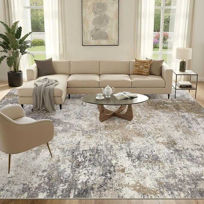 Nakagishi 12X15 Abstract Washable Area Rugs for Living Room-Brown Grey | Modern Non-Slip Silicone Backing Low Pile Soft Carpet for Bedroom Dining Decor Ideal for Families with Kids and Pets