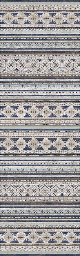 Washable Area Rugs 2'6'' x 8' - 1/6 Thick - Moroccan-Inspired -Stain & Water Resistant Non-Slip - Resistant Rug for Living Room, Bedroom, Nursery, Pet & Child Friendly (Blue and Brown)