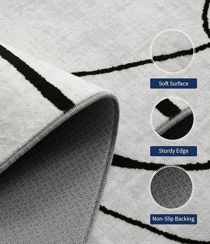 2x6 Washable Modern Black White Kitchen Runner Rug | Ultra-Thin Low Pile, Non-Slip TPE Backing, Soft Stain Resistant, Machine Washable, for Bedroom Livingroom High Traffic
