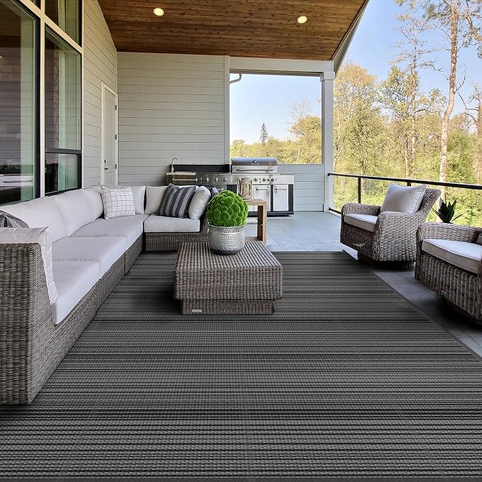 GENIMO Outdoor Rug for Patio Clearance, 6'x9' Reversible Plastic Straw Rugs, Lightweight Waterproof RV Camping Mat for Camper, Balcony, Deck, Backyard, Picnic, BlackGray
