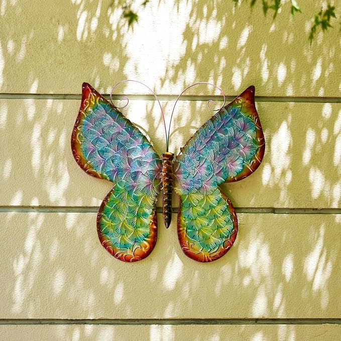 Glitzhome Metal Butterfly Wall Decor, 20 "H Colorful Metal Bionic Butterfly Wall Art with Hand Painted Distressed Finish and 3D Embossed Texture, Outdoor Porch Patio Home Wall Accent