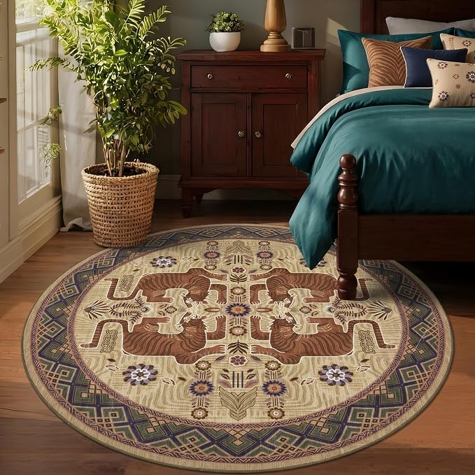 GarveeHome Tiger Round Area Rugs Boho Bedroom Non Slip Washable Vintage | 4ft Camel Animal Print Bedroom Circle Rugs,Tribal Floor Carpet for Dining Room Entryway Nursery Playroom Office