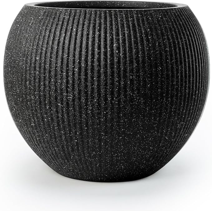 DTY Premium Mt Sherman Fiberstone Sphere Planter for Indoor Outdoor Use, Round Pot for Olive Tree, Lightweight, Smooth Finishes. 2 Coco Mats. Ribbed Black, Large 21.1'' D x 16.7'' H. 14.6” Pot Opening