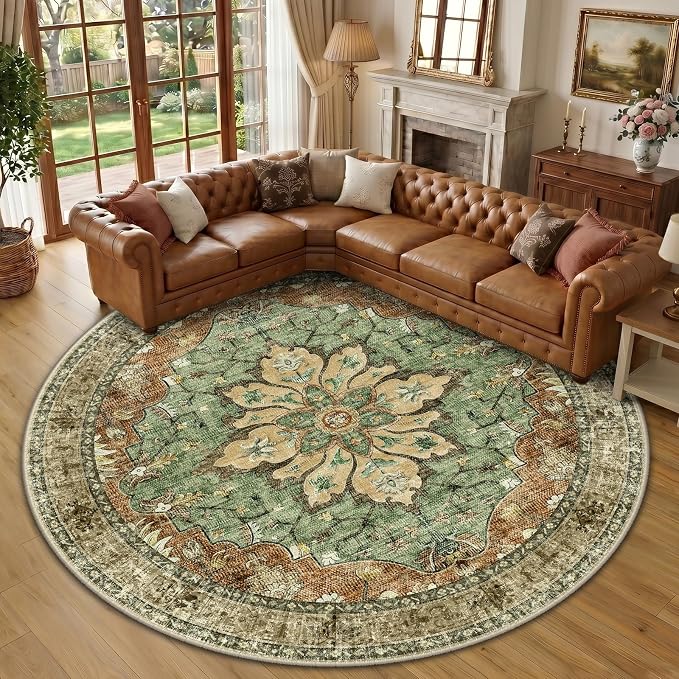 RELEANY Washable Area Rug, Round 10ft, Brick/Brown/Green | Non-Slip, Water Repellent, Pet Friendly, Easy to Clean, Vintage Floral Boho Decor for Living Room Bedroom Dining Room