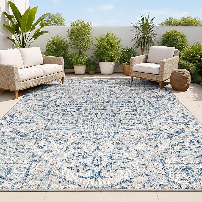 JONATHAN Y Boho Medallion Indoor Outdoor Area Rug 3X5 Navy/Gray, Estrella Textured Weave for Backyard, Patio, Porch, Easy-Cleaning, High Traffic, Pet-Friendly, Non-Shedding (SMB105B-3)