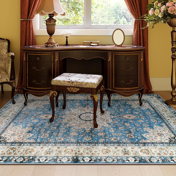 Lahome Felice Oriental Floral Medallion Area Rug - 5x7 Large Blue Distressed Living Bedroom Rug, Non-Slip Machine Washable Low-Pile Dining Room Mat Indoor Accent Carpet for Entryway Office Home