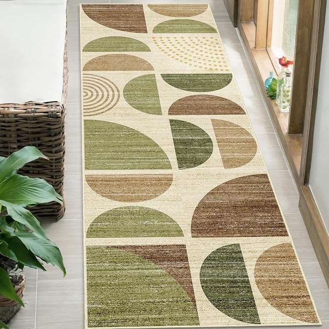 Runner Rug Washable,2x6 Area Rugs Non Slip Modern Abstract | Long Throw Carpet for Hallways Kitchen Bathroom Bedroom Entryway Bedside Laundry Boho Soft Low Pile Vintage Green and Brown