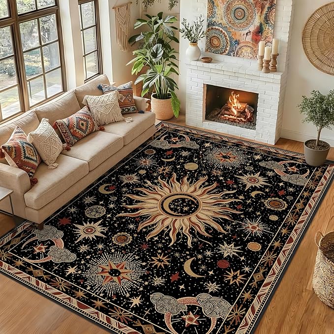 Vacuum-Friendly, 8x10 Washable Area Rug, Black Gold Beige Red | Sun and Moon Boho Gothic Non-Slip Low Pile Living Roon Bedroom Dining Room Kitchen Entry Entryway Entrance Hallway Doormat