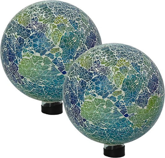 Sunnydaze 10" Mosaic Glass Gazing Ball for Garden, Globe for Outdoor Decor | Azul Terra, 2 pk, Decorative Sphere Fits Most Stands, Garden Ball for Outside, Flower Bed, Backyard, or Indoor Display