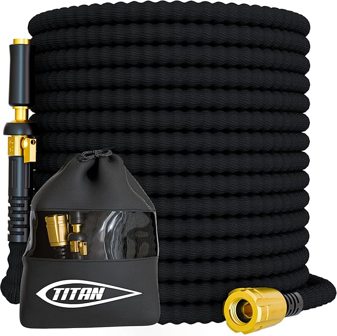 TITAN Flexible Garden Hose 20FT – Ultra Lightweight, Heavy Duty Water Hose with Brass Fittings & Jet Nozzle – Kink-Free, Non-Expanding, Durable Fabric Hose for Yard, Lawn, Car Wash, Outdoor Use