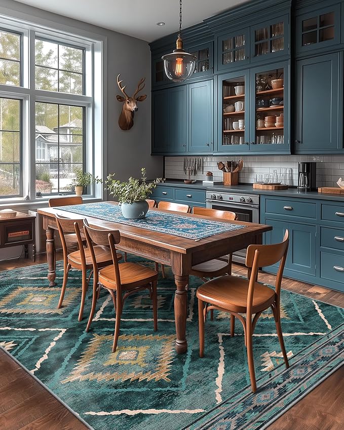 6'x9' Washable Area Rug for Living Room Bedroom Teal/Green | Soft Western No Slip Low Pile Print Foldable Indoor for Kitchen Dining Room