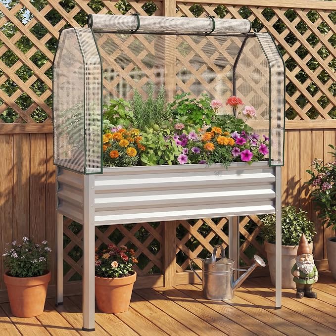 Giantex Raised Garden Bed with Legs & Greenhouse Cover, 44x22x60 Elevated Metal Planter Box with Roll-up Door, Outdoor Mini Greenhouse for Vegetable Flower Herb Patio Balcony (Silver,2)