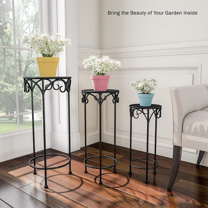 Pure Garden Plant Stand 3-Tier Vertical Shelf Indoor or Outdoor Folding Wrought Iron Home Garden Display with Laser Cut Shelves (Antique White)