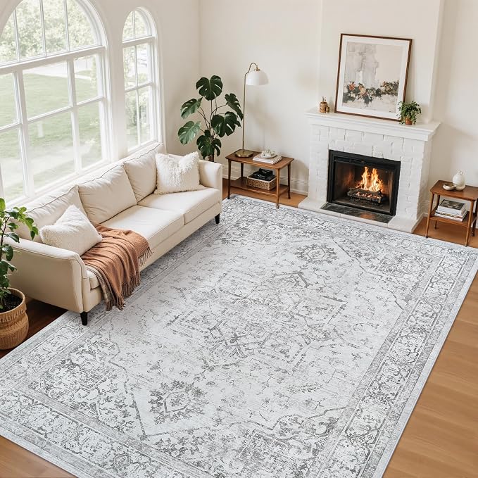 Area Rug 6x9 Living Room Rug Washable Grey Non-Slip Rugs | Vintage Medallion Rug，Soft Low Pile Large Rugs，Indoor Retro Carpet for Bedroom Nursery Dining Table Farmhouse Home Office