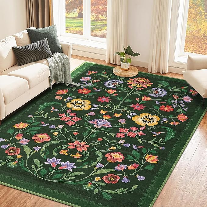 GarveeHome Washable Rug 4x6 Area Rugs for Living Room, Floral Rug for Bedroom, Soft Boho Non Slip Throw Rugs with Rubber Back, Low Pile Stain Resistant Vintage Floral Carpet for Dining Room, Green