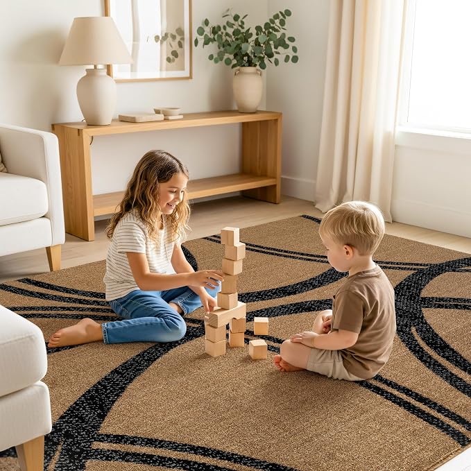 Rugshop Wavy Circles Modern Non-Shedding Area Rug Jute 5'3" x 7'3" | Rectangular, Size 5'3" x 7'3", Living Room, Bedroom, Dining Room, Home Office, Kitchen, Entryway, Hallway, Nursery, Kids Room