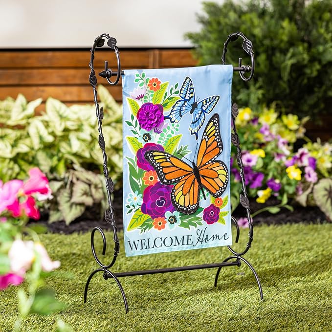 Evergreen Scroll American Garden Flag Stand Leaves Vine | Premium Metal Iron Flag Holder Stand | Fits 12x18 Garden Flags for Outside Deck Patio | Weatherproof Outdoor
