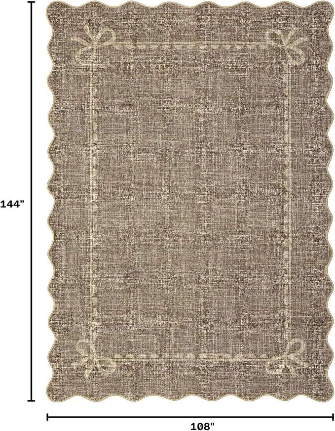 GarveeHome Scalloped Bow Rug 9x12 Washable Brown Rug for Living Room | Non Slip Soft Low Pile Large Indoor Carpet for Nursery Girls Bedroom Decor Hallway Kids Room College Dorm Playroom