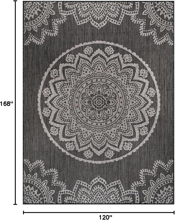 CAMILSON Outdoor Rug 10x14 Modern Area Rugs for Large Indoor and Outdoor Patios and Porches - Washable Non-Shedding Easy-to-Clean Outside Carpet (10 x 14, Medallion - Dark Grey/Light Grey)