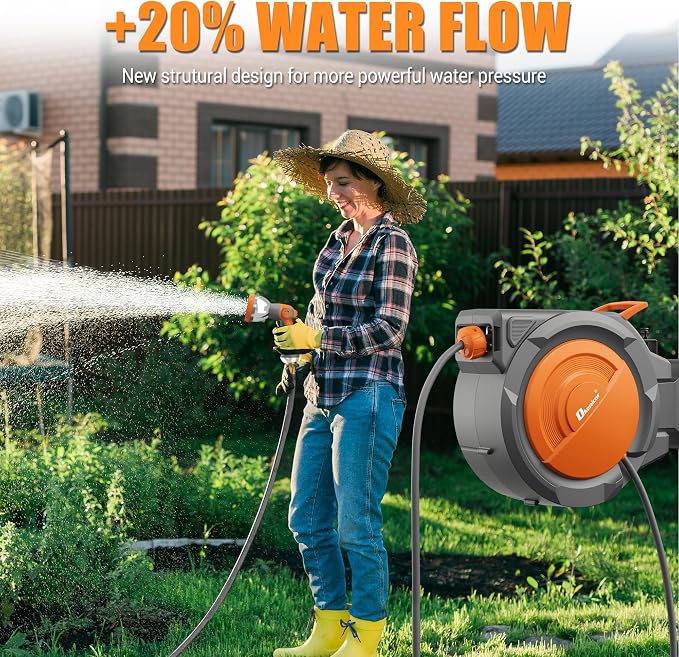 5/8" x 75 ft Retractable Hose Reel, Heavy Duty Retractable Garden Hose Reel Wall Mounted with 10-Pattern Hose Nozzle/Any Length Lock/Slow Return System/180°Swivel Bracket,Orange