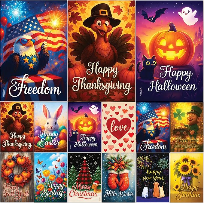 Premium 12 Pack Seasonal Garden Flags Set 12x18 Inch Double Sided, Burlap Outdoor Yard Flags for Spring, Summer, Fall, Winter, Easter, Mother’s Day, Valentine’s, St. Patrick’s, 4th of July, Halloween, Thanksgiving, Christmas