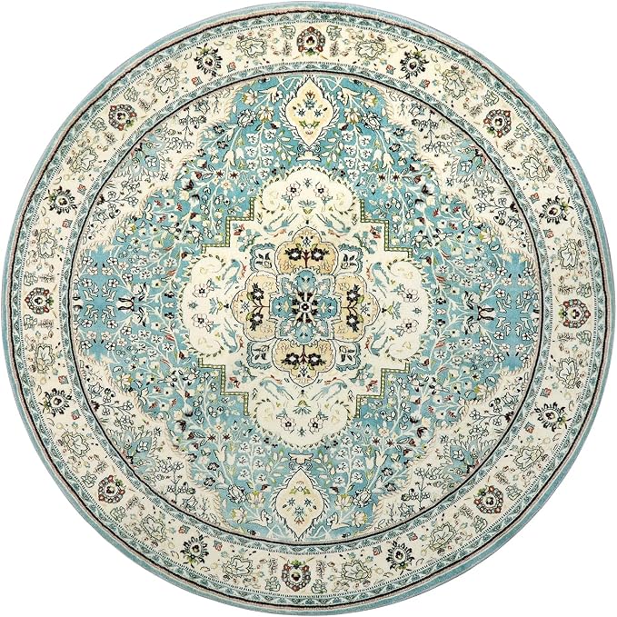 Lahome Felice Floral Medallion Round Rug - 4Ft Distressed Round Entrance Area Rug, Soft Non-Slip Machine Washable Foyer Mat Indoor Floor Office Chair Carpet for Playroom Recliner Nursery