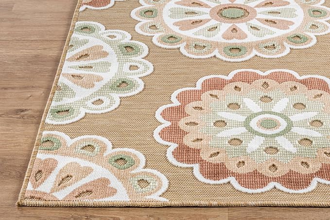 Outdoor Rug 8x10 Washable Area Rugs Indoor Outdoor Carpets Beige Bohemian Medallion Non Shedding Waterproof Easy Clean Patio Deck Porch Living Room Bedroom Garden RV (8 X 10 Beige)