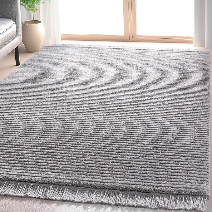 Well Woven Allie Grey Stripes Geometric Area Rug 4x6 (3'11" x 5'3") - Soft High-Low Texture for Living Room, Bedroom & Office