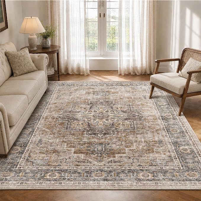 6x9 Area Rug for Living Room Soft Washable Vintage Boho Area Rug | Non-Slip, Retro Print, Low Pile, Stain Resistant, Soft Washable Brown Carpet, for Bedroom, Dining Room, Nursery, Home Office