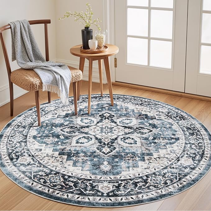 AMADA HOMEFURNISHING Round 4ft Area Rugs, Low-Profile Washable Rug with Non-Slip Backing & Durable Edge Binding, Vintage Rugs for Living Room, Bedroom, Dinning Room
