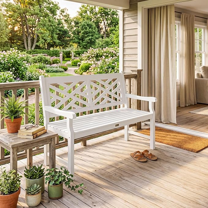 Outsunny Outdoor Garden Bench, Wooden Frame Patio Bench with Geometric Pattern, 43.25 Inch Weatherproof 2-Person Love Seat for Garden, Lawn, Porch, Yard, Work Entryway, White