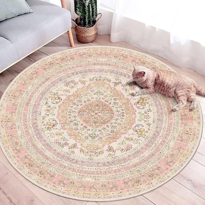Round Area Rugs 4ft Washable,Pink Rug for Living Room Bedroom | Circle Boho Vintage Bohemian Distressed Farmhouse Carpet Non Slip for Dining Room,Blush Floral