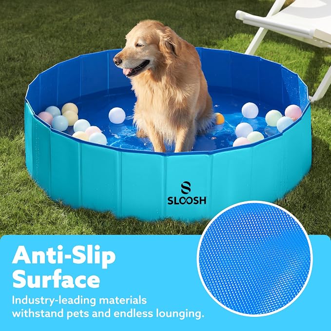 SLOOSH Foldable Dog Kiddie Pool - Portable Hard Plastic Doggie Swimming Pool, Anti-Slip Collapsible Pets Bath Tub Suitable for Kids Indoor Outdoor Backyard Use (Blue, 48" x 12")