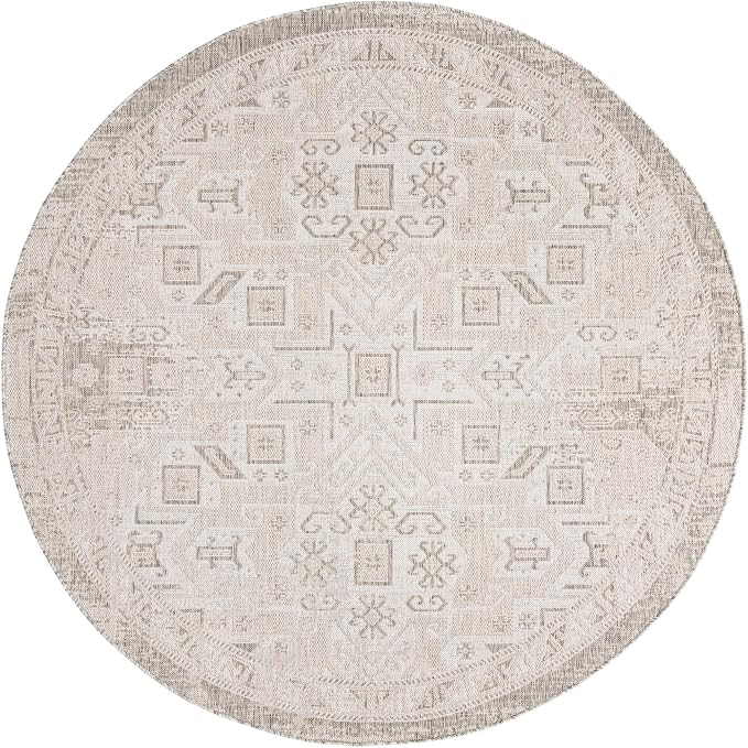 Unique Loom Outdoor Aztec Collection Area Rug - Coba (7' 10" Round, Light Gray/ Ivory)