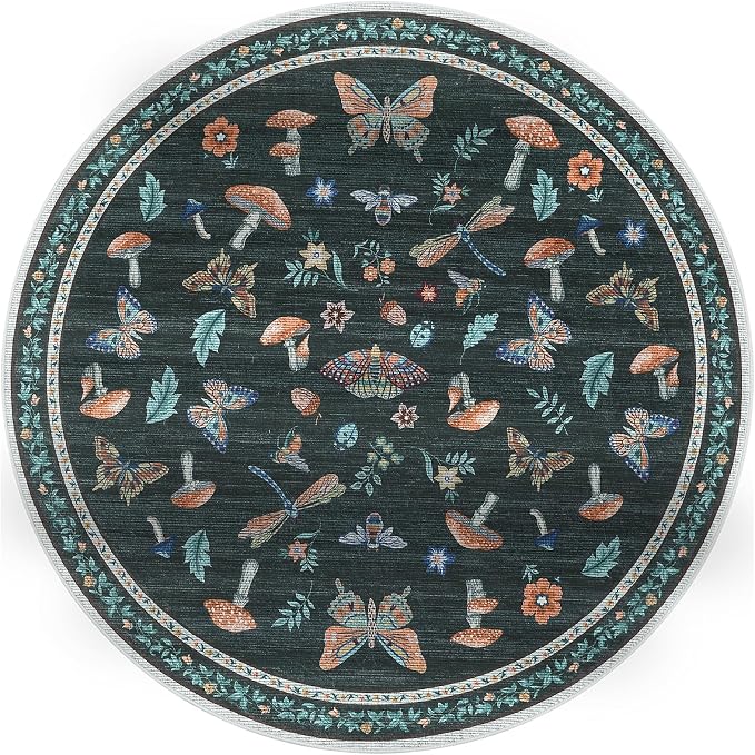 Mushroom Insect 6ft Round Rug Washable Non-Slip Soft Ultra-Thin Boho Circle Carpet for Living Room Bedroom Kitchen Nursery Dining Room Black