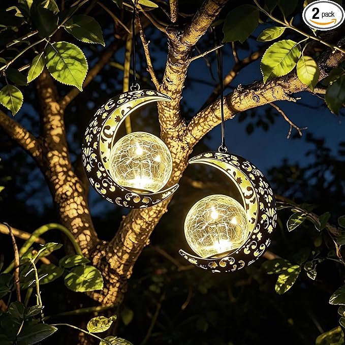 Solar Moon Lanterns Outdoor Waterproof Decor, 2Pack Hanging Decorative Garden Lights, Outside Furniture Accessories Wall Tree Patio LED Ornaments , Mother's Day Fairy Gifts for Women Mom